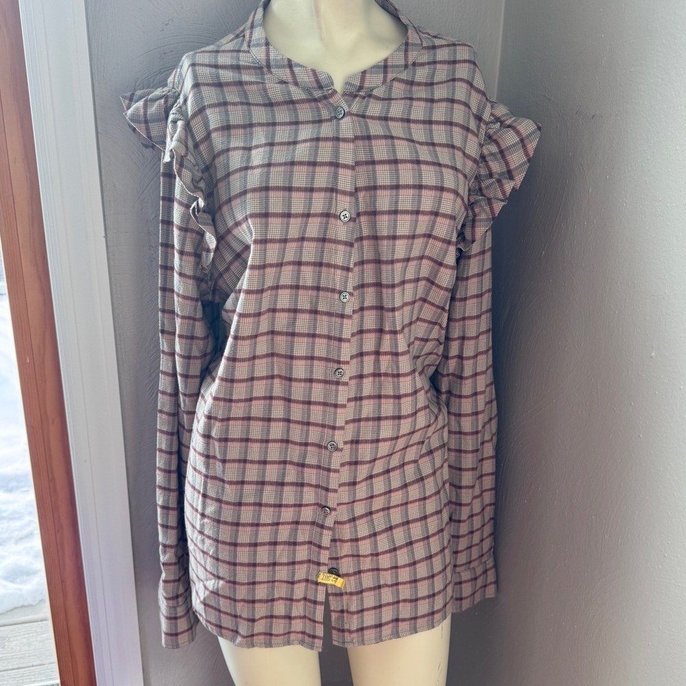 Paige women’s flannel shirt brown plaid frilly shoulders size XL
